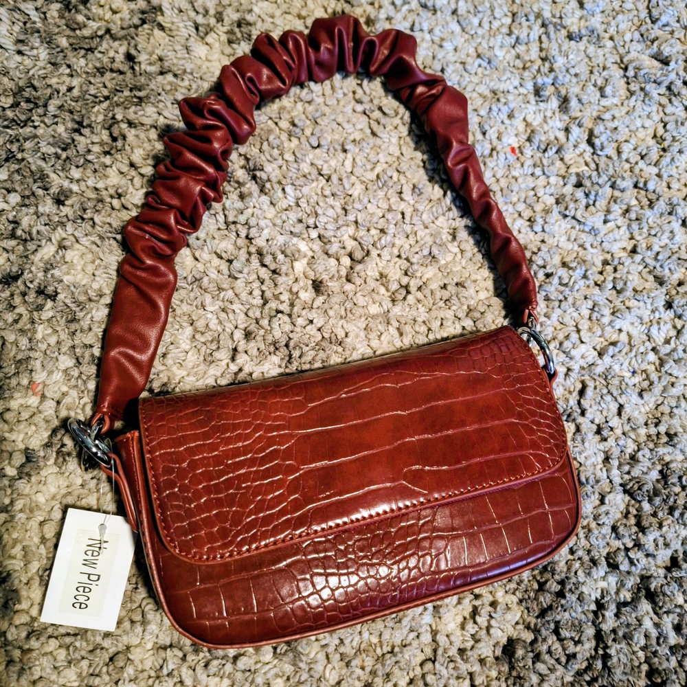 Brown Croc-Embossed Shoulder Bag